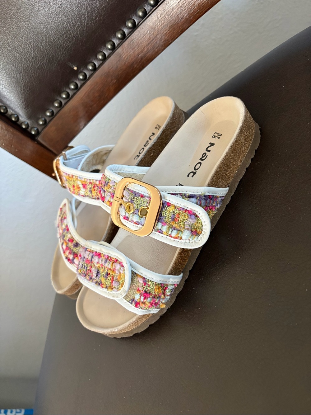 Naot Multicolor Tweed Slide Sandals with Gold Buckle